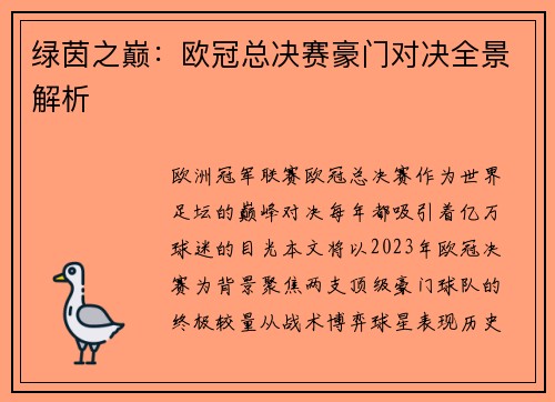 绿茵之巅：欧冠总决赛豪门对决全景解析