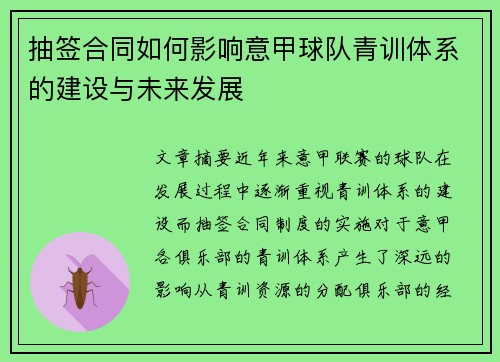 抽签合同如何影响意甲球队青训体系的建设与未来发展