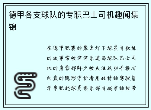 德甲各支球队的专职巴士司机趣闻集锦