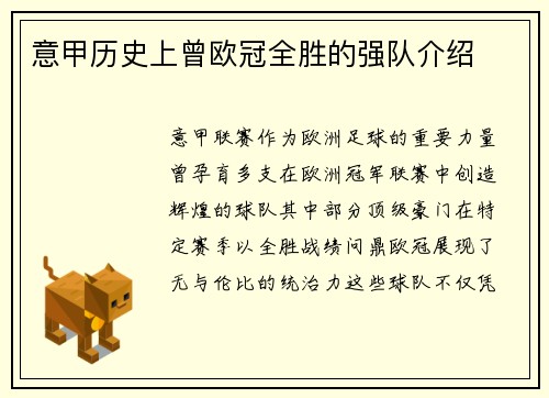 意甲历史上曾欧冠全胜的强队介绍