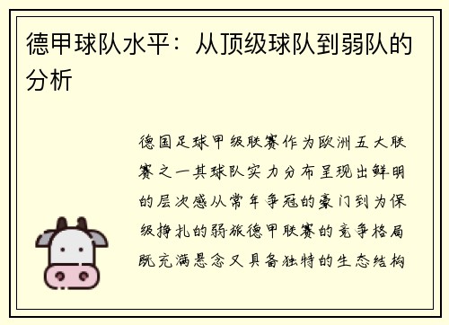德甲球队水平：从顶级球队到弱队的分析