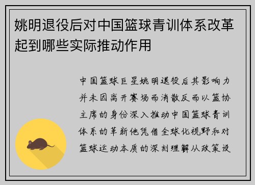姚明退役后对中国篮球青训体系改革起到哪些实际推动作用
